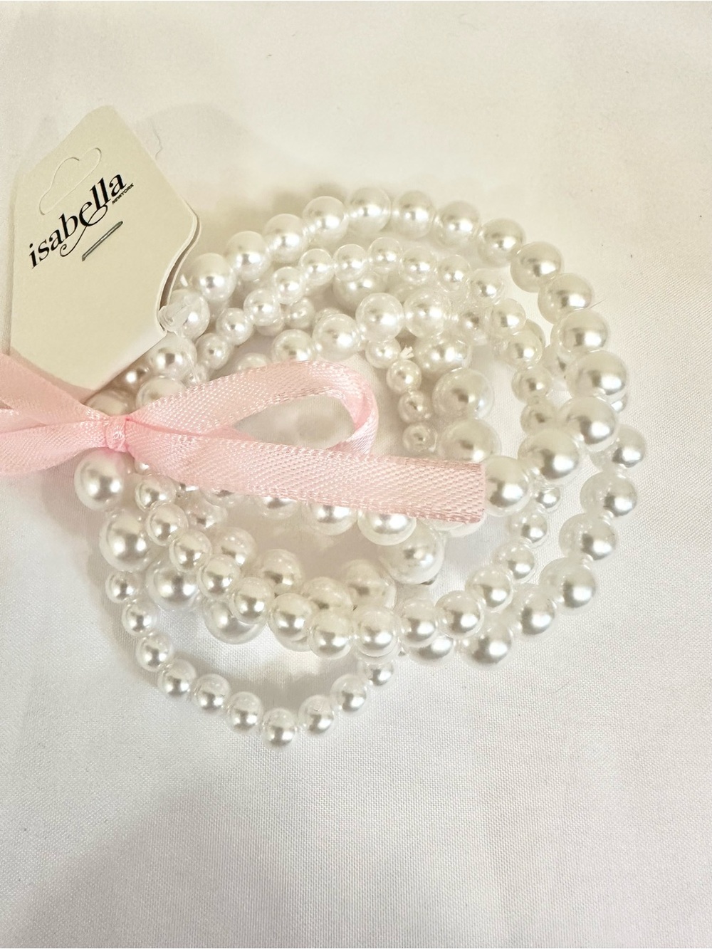 Isabella White Faux Pearls Stretch Bracelet Stack w/ Pink Ribbon Accent